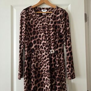 DKNY Longsleeve Leopard Print Sheath Dress Womns 4 Brown Tan Night Out City Chic